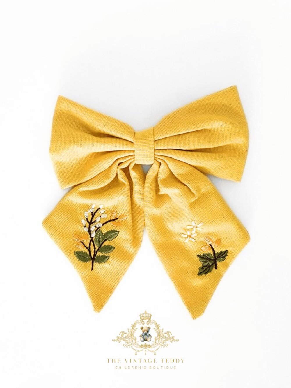 NWT Lovely Girls Embroidered Floral Hair Bow Clip-On Kids Hair Accessory Mustard